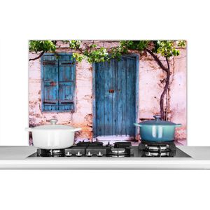 Spatscherm keuken 100x65 cm - Kookplaat achterwand Vintage - Deur - Huis - Blauw - Boom - Muurbeschermer - Spatwand fornuis - Hoogwaardig aluminium