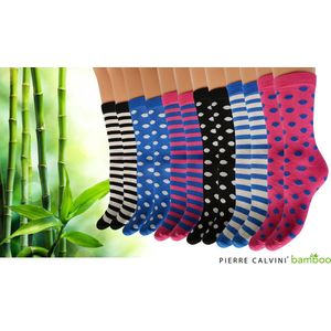 Pierre Calvini - Bamboe Sokken Dames - 12 Paar - Lange Sokken - Stippen/Strepen Donker - Maat 36-40 - Kousen Dames - Anti Zweet