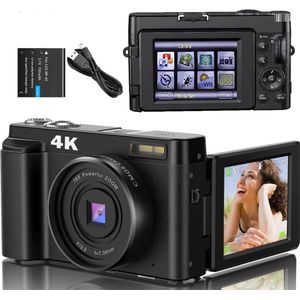 Handycam – Videocamera 4K 48MP – Vlog Camera Voor Beginners – Compacte Filmcamera Met Draaibare Flip-Screen – Vlogcamera Met Anti-Shake-Functie – Zwart
