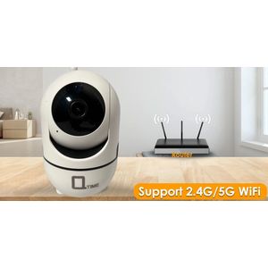 Q-time® Premium 1080P Draadloze Mini IP Camera WiFi Babyfoon (honden huisdier-camera) Indoor 2.4Ghz & 5Ghz Wifi Beveiligings Camera 2-Weg Audio Met Instelbare Bewegingsdetectie Ondersteund Amazon Echo Alexa Google Home Assistant.