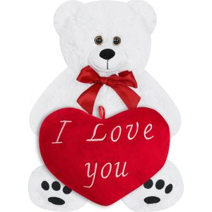 Monzana Knuffelbeer met Hart - 50cm Wit – 26cm I Love You