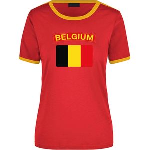 Belgium rood/geel ringer t-shirt Belgie met vlag - dames - landen shirt - Belgische fan / supporter kleding S