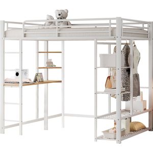 Merax Hoogslaper 140x200 cm met Bureau en Kledingrek – Metalen Bed met Ladder en Opbergruimte – Ruimtebesparend Design – Wit – Zonder Matras