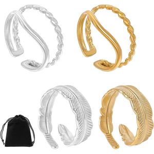 Verstelbare ringen met fluwelen zakje en engelveren - Golflijndesign - Duimring - Sieradenaccessoires voor vrouwen (zilver)