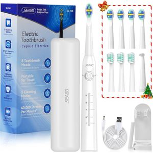 SEAGO Elektrische Tandenborstel - Wit - Reisetui - Wittere tanden - 8 Opzet-borstels -5 poetsmodi-Timer