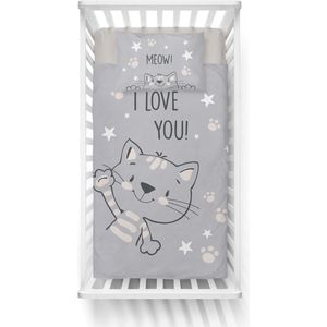 Mayamoo ledikant dekbedovertrek Meow! I love you - grijs - katoen - 100x135 + 40x60 cm