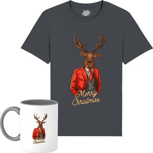 louis het kerst hert - Foute Kersttrui Kerstcadeau - Dames / Heren / Unisex Kleding - Grappige Kerst Outfit - T-Shirt met mok - Unisex - Mouse Grijs - Maat M