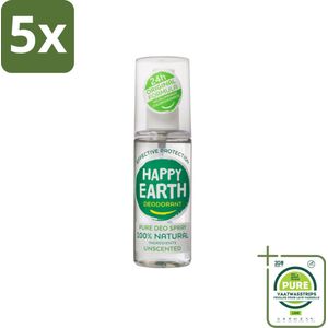 5 x Happy Earth – Deodorant Spray – 100% Natuurlijk Unscented – 100 ml - Grootverpakking - Geurloos Deodorant - Hypoallergene Deodorant - Natuurlijke Deodorant - Deodorant Voor Gevoelige Huid - Mineralen Deodorant