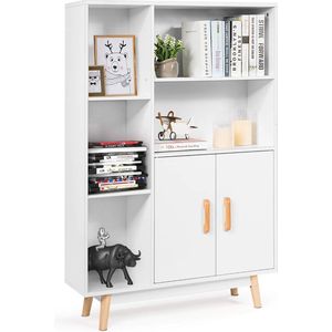 Zijkast met dubbele deuren & 3 planken & 4 poten, vrijstaand houten rek, boekenkast voor studeerkamer, woonkamer, badkamer, commode van massief hout met legplank, 80 x 24 x 119 cm