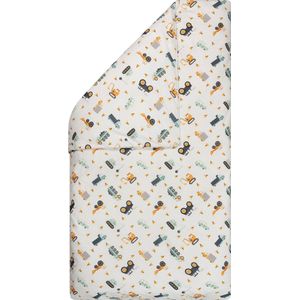 BINK Bedding Dekbedovertrek Bram ledikant 100 x 135 cm exclusief sloop - auto's - vrachtwagen - kiepwagen - tractor - werkvoertuigen - mintgroen - ecru - oranje - geel - grijs - tweezijdig - katoen - jongens - baby - peuter