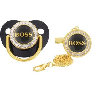 Fopspeen met clip- BOSS - 0 - 18 Maanden - Zwart / Goud - Silica gel - Luxe fopspeen met diamanten - Baby geschenk - Kerst baby cadeau