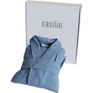 Casilin - Badjas Dames en Heren - Maat S - Wafel Badjas Cadeau in Luxe Geschenkdoos - 100% katoen - Absorberend - Wasmachinebestendig - Blauw