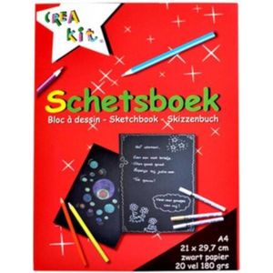 Creakit Schetsboek – Tekenpapier - A4 Formaat – 20 Vellen - 21 x 29.7 cm – Gelijmd aan bovenzijde - Zwart papier – 180 gram