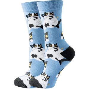 Sokken Dames - blauw - wit - leuke print witte kat - Maat 36 - 40 - cadeau voor haar -geschenk vrouwen - gift