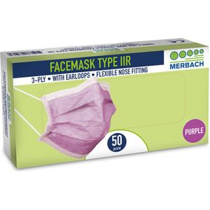 Merbach mondmasker paars 3-lgs IIR oorlus- 200 x 50 stuks voordeelverpakking