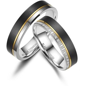 Jonline SET trouwringen Zwart Titanium 14 karaat Goud Rondom Zirkonia|Vriendschapsringen|Relatie ringen