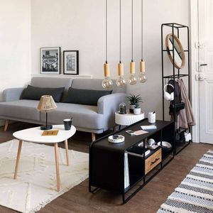 Atmosphera lamp met 4 pendels van hout - Pendellamp zwart en hout lengte 80 cm