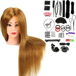 Oefenhoofd Met Houder + Haarstyling-Vlechtset #27 - 60% Echt Haar, Kappershoofd Training