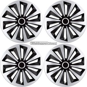 Wieldoppen set FOXY-SB 14 inch in zilver/zwart + chroom ring. Set a 4 stuks (CONTROLEER UW BANDENMAAT en lees a.u.b. de onderstaande, uitgebreide tekst!)