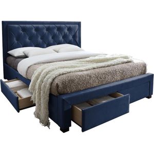 Bed met lades 180 x 200 cm - Stof van blauw velours - LEOPOLD L 216.5 cm x H 122.2 cm x D 185 cm