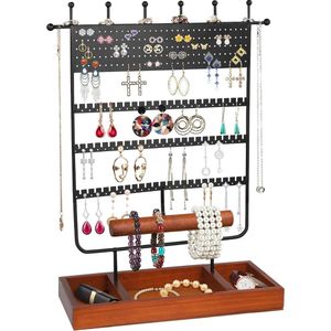Sieradenstandaard, sieradenhouder met houten opbergsokkel, organizer voor kettingen, oorbellen, sieraden, armbanden en horloges, zwart, cadeau voor vrouwen en meisjes