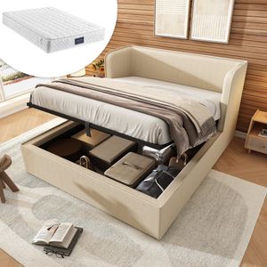 ​Merax Luxe Tweepersoonsbed 160x200 cm – Beige Gestoffeerd Bed met Opbergruimte – Inclusief 7-Zone Pocketveringmatras – Hydraulisch Bedframe met Lattenbodem en Afneembare Bekleding​