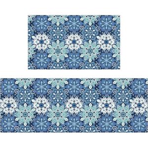 keukenmatten set van 2, antislip keukenloper, wasbaar keukentapijt, tapijtloper voor gang, keuken, 44 x 75 cm + 44 x 120 cm, blauw retro patroon
