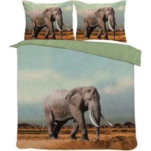 Dekbedovertrek Set-Antraciet Grijs-Groen- met grote olifant- Tweepersoons Lits-jumeaux -240 x 220-cm + 2 kussenslopen 60x70cm