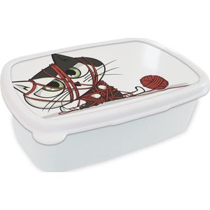 Broodtrommel Wit - Lunchbox - Brooddoos - Kat - Wol - Rood - 18x12x6 cm - Volwassenen