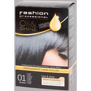 Fashion Professional Permanente Haarkleur | Haarverf Oil & Shine | Black 01 Zwart kleur | Permanent hair color | Zwarte haarverf | Haarverf - Allin1 - Haarverf - Haarkleur | Luxurieus effect | Permanente Haarkleuring - Langdurige Kleur - Grijsdekking