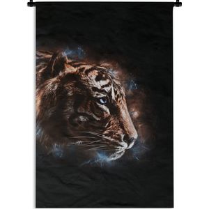 Wandkleed TijgerKerst illustraties - Magisch beeld met de kop van een tijger op een zwarte achtergrond Wandkleed katoen 120x180 cm - Wandtapijt met foto XXL / Groot formaat!