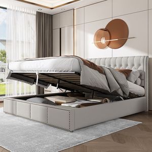 KOMHTOM Tweepersoonsbed Bed 160x200 cm Functioneel opbergbed Rivetversiering Grijs fluweel