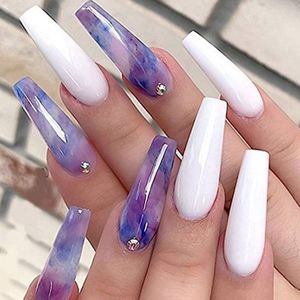 Kunstnagels in langgolvend design - Set van 24 stuks wit en paars - Voor vrouwen en meisjes - Zelfklevende nagels met lang golvend effect