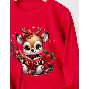 kerst T-shirt lange mouw kinderen met hertje en boek maat 104/110