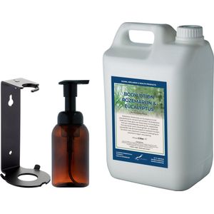 Zeepdispenser 300 ml amber bruin hervulbaar + 5 liter Bodylotion Rozemarijn & Eucalyptus navulling (inclusief beugel)
