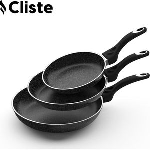 Cliste Koekenpan Inductie Set - 3 Delig Koekenpannenset Ø 20/24/28 cm - Pannenset Voor Alle Warmtebronnen - Antiaanbaklaag en Keramisch Coating - Braadpannenset Met Koudgrepen - Zwart