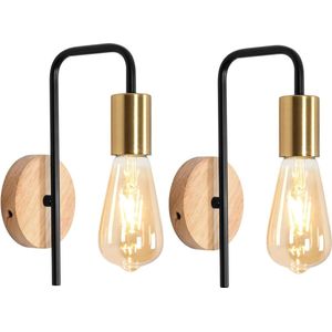 Goeco wandlamp - 25 * 13 * 10 cm - Klein - 2 stuks - E27 - metalen - voor slaapkamer, woonkamer, bar - lampen niet inbegrepen - houten voet