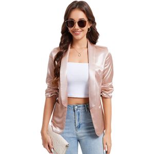 Blazer Dames Elegante Satijnen Blazer Jas Open Voorkant Feestelijke Blazer Jas Champagne S