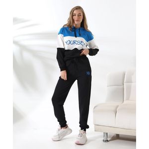 Loxxey® - Katoen - Yourself - Vrijetijdspak - Joggingpak - Huispak - Home Wear - Hoodie - Trainingspak - Tracksuit - 1 Set (2 Delig) - Dames - Maat S – Donker Turquoise/ Zwart - Nieuw Seizoen!!