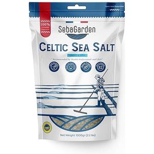 Seba Garden Keltisch Zeezout Grijs, 1 kg, Gecertificeerd, Biologisch, Hersluitbaar, Zak Grijs Zeezout, Handgeoogst, Bevat meer dan 82 Essentiële Mineralen (Gedroogd & Fijn)