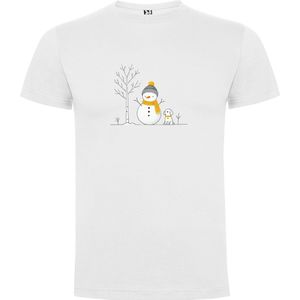 Wit T-Shirt met “Sneeuwpop met hond - Winter“ Print Full Color maat 104 / 3/4 jaar