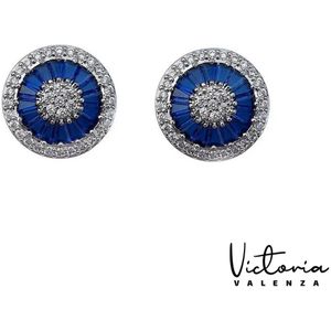 Victoria Valenza Cologne Luxe Oorbellen Dames Messing Oorknopjes Dames Oorringen - Blauwe Steen - Kleur Zilver - 1 Paar