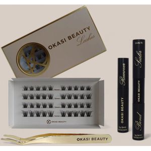 Okasi Beauty - Flirty Lashes Starter Kit - Complete DIY Wimperset met wimperplukjes - Mix lengte 10-12-14 mm - Bond & Sealer - Remover - Applicator - Natuurlijke speelse wimperlook - wimperextensions