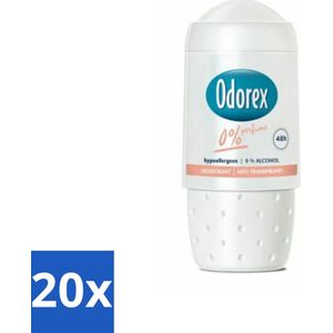 20 x Odorex Deodorant Roller 0% 50 ml - Alcoholvrij - Langdurige Bescherming - Deodorant Roller