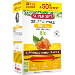 Superdiet Royal Jelly 1500 mg Honingstuifmeel Biologisch 20 Flesjes + 10 Flesjes Gratis