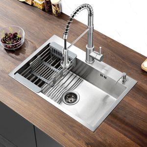Lonheo max Spoelbak Keuken 68x45 - Met keukenkraan met uittrekbare uitloop - Inbouwspoelbak - Gootsteen RVS - Spoelbak Met Kraangat - Spoelbak Met Zeepdispenser - Verstelbaar Mandje - Overloop en Sifon - Zilver
