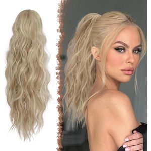 Golvende Haarstukjes Paardenstaart Extensions 45 cm Lang Licht Asbruin en Bleekblond Synthetisch Haar Meisjes Trekkoord
