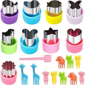 Set van 9 Groenten en Fruit Uitsteekvormen + 10 Mini Vorkjes + 1 Uitsteker - Groentesnijder - Geschikt voor Lunchbox / Bentobox - Koekjes - Brood - School - Accessoires - Cutter - Uitsteekvormpjes - Prikkers - Stokjes - Uitsteken