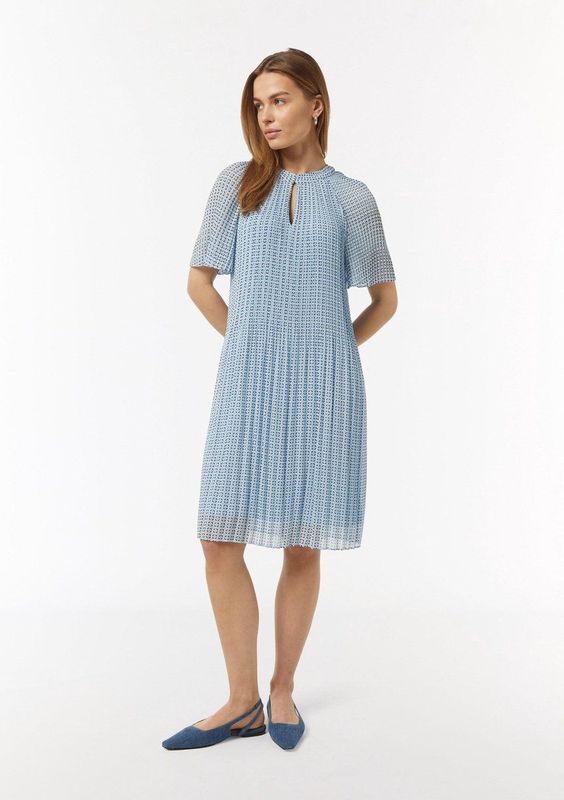 COMMA - Jurk - Blauw - Met Onderjurk - Knoopsluiting - Ronde Hals - Knielengte