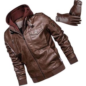 Herenjas van kunstleer voor de winter, warme casual motorjas met afneembare capuchon + Lederen Heren Touchscreen Handschoenen,Leren Handschoenen Synthetisch Wollen Voering,Herfst en Winter Handschoenen